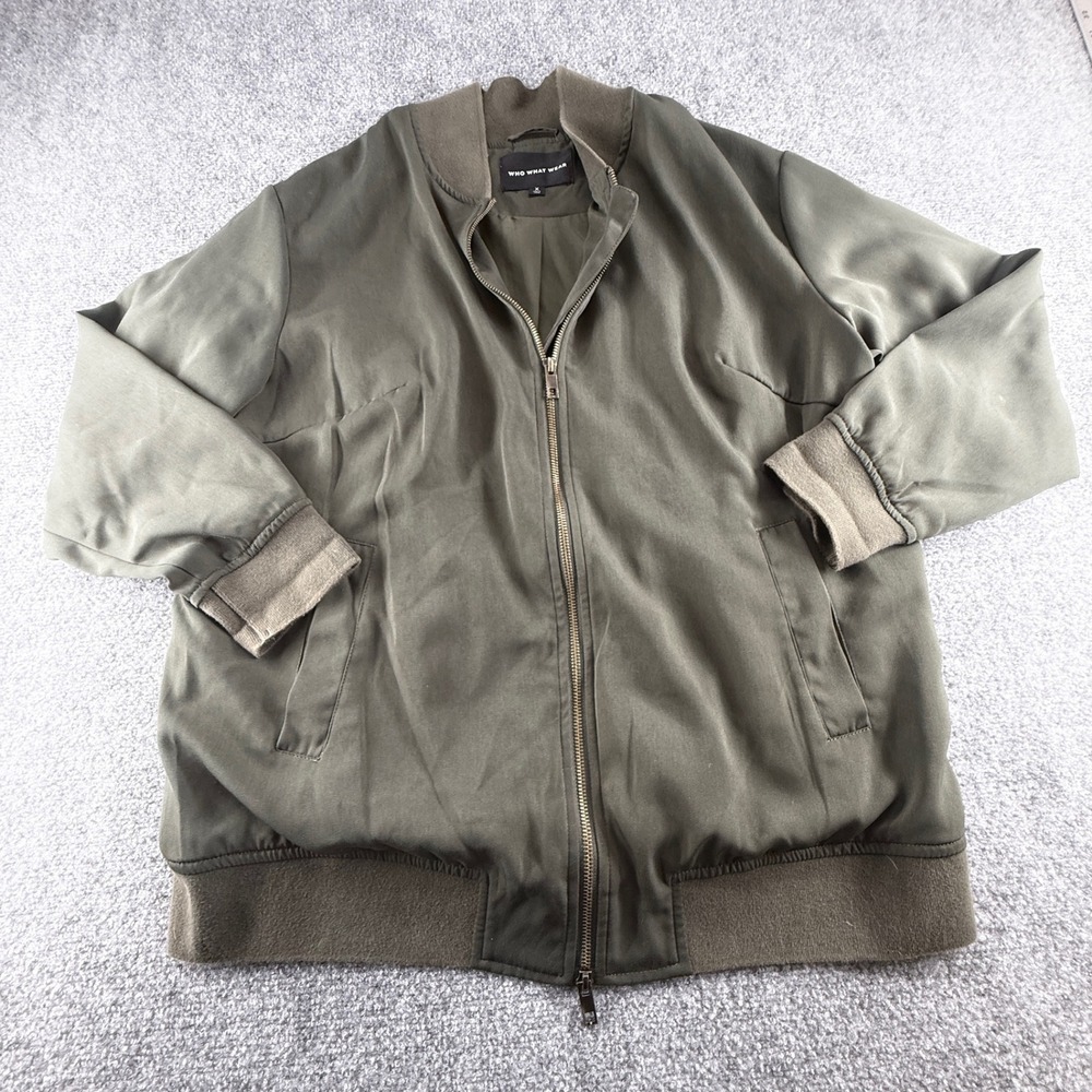 Who What Wear Womens Olive Green Full Zip Satin Bomber Jacket Size X